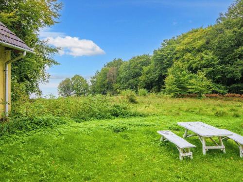 斯坎讷堡5 person holiday home in Skanderborg的野餐桌和田野长凳