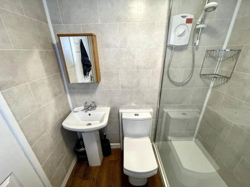 南特威奇Terrace House - Charming home near town and train station的浴室配有卫生间、盥洗盆和淋浴。