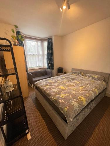 伦敦Confortable and central room的卧室配有床、椅子和窗户。