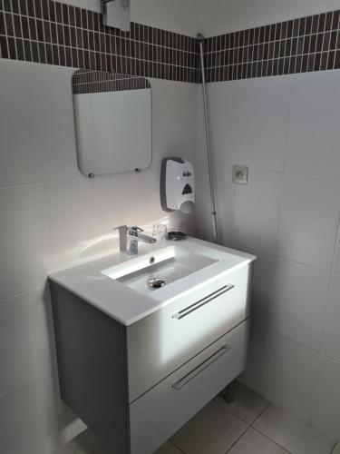 Juigné-sur-Loire杜穆尼耶旅舍的浴室设有白色水槽和镜子