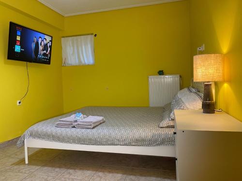 雅典nicole's home的卧室配有一张床铺,墙上配有电视
