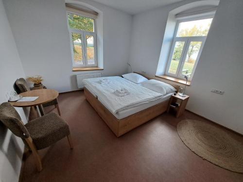 克拉利基Hotel Poutní Dům的一间卧室配有一张床、一张桌子和两个窗户