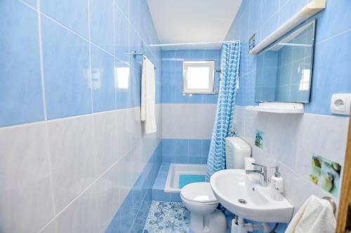 普利莫顿Apartments Jasna的蓝色的浴室设有卫生间和水槽