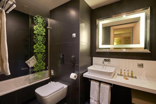 赫罗纳赫罗纳希尔顿逸林酒店的一间带卫生间、水槽和镜子的浴室