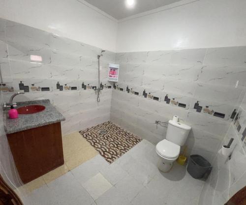 Bou Drarar阿瓦尤酒店的一间带卫生间和红色盥洗盆的浴室