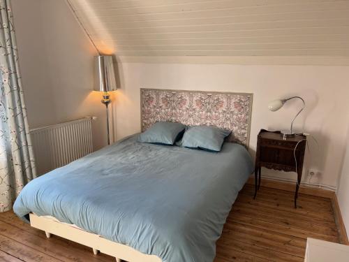 希尔蒂盖姆Chez Régine, 45m2 privés的一间卧室配有一张带蓝色床单和一盏灯的床。