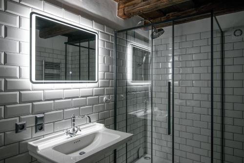 布拉格Domus Balthasar Boutique Hotel的白色的浴室设有水槽和镜子