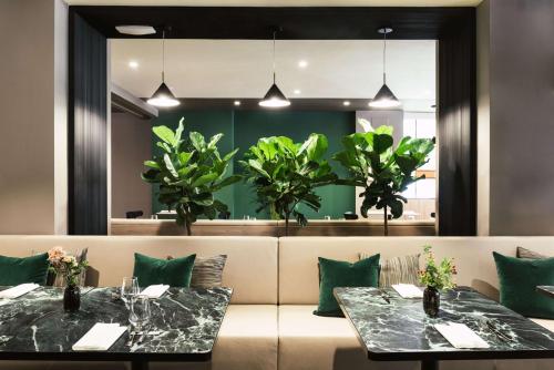 梅斯特Tapestry by Hilton Ambasciatori Hotel的绿树成荫的餐厅里有两个桌子