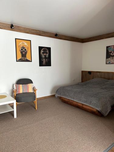 KotowskМіні-готель的一间卧室配有一张床和一把椅子,墙上挂着图片