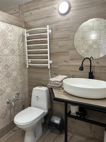 KotowskМіні-готель的一间带水槽、卫生间和镜子的浴室