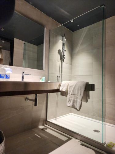 莱维斯Grand Hotel Times Levis的一间带玻璃淋浴和水槽的浴室