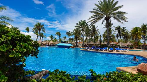 San Pedro de Coche撒索勒蓬布兰卡酒店的棕榈树度假村的游泳池