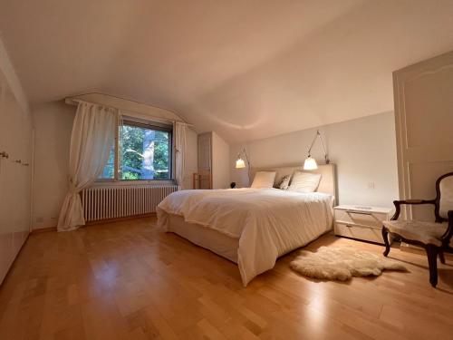 VésenazLe Cottage的一间卧室设有一张大床和一个窗户。