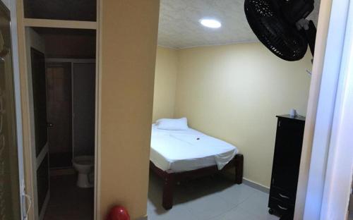 卡塔戈Hotel Indigo的一间小卧室,配有一张床和一个卫生间