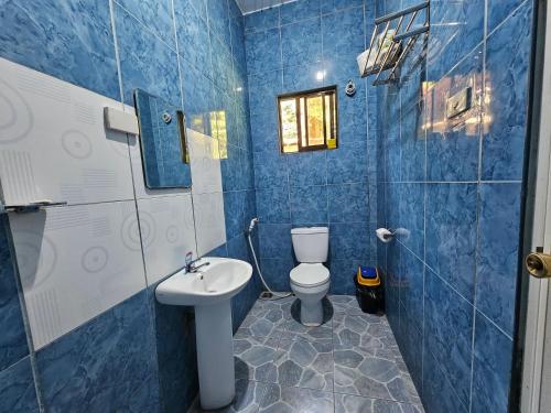 CatarmanLaCasita 2BD Home with Starlink的蓝色瓷砖浴室设有卫生间和水槽