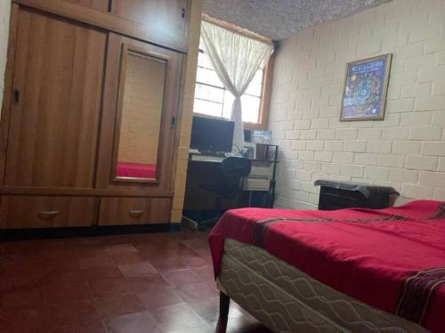 阿马蒂特兰comfortable and spacious house with garage的一间卧室配有一张床、一张书桌和一个窗户。