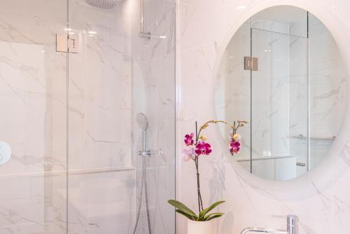 墨尔本四季植物园公寓式酒店的带淋浴、盥洗盆和镜子的浴室