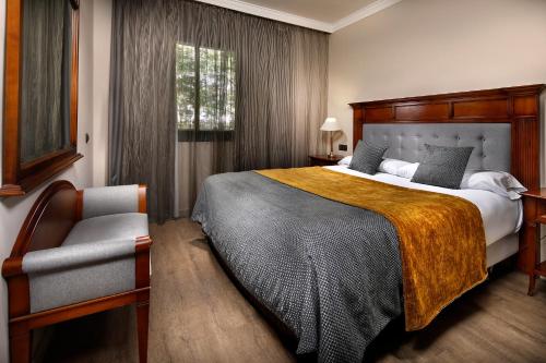 巴塞罗那西斯帕诺7苏匝公寓酒店的一间卧室配有一张大床和一把椅子