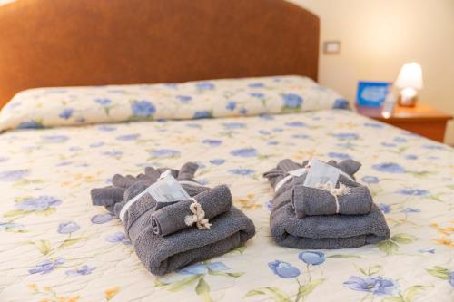 蒙特卡蒂尼泰尔梅[NEL CUORE DELLA CITTADINA TERMALE] MAISON M&V的床上有毛巾的床