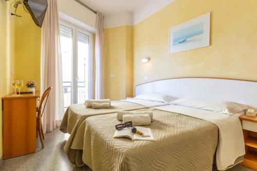 里米尼Hotel Naica的酒店客房设有两张床和窗户。