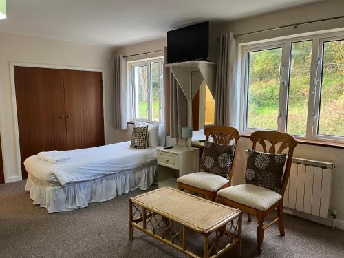 圣约恩斯威尔士王子酒店的一间卧室配有一张床、两把椅子和一张桌子