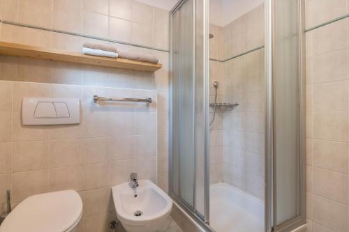 瓦尔道拉Kranebitterhof Apt Edelweiss的带淋浴、卫生间和盥洗盆的浴室