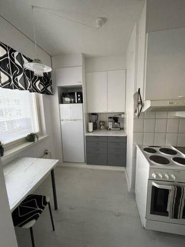 拉彭兰塔Kaksio Koulukatu的厨房配有炉灶和白色冰箱。