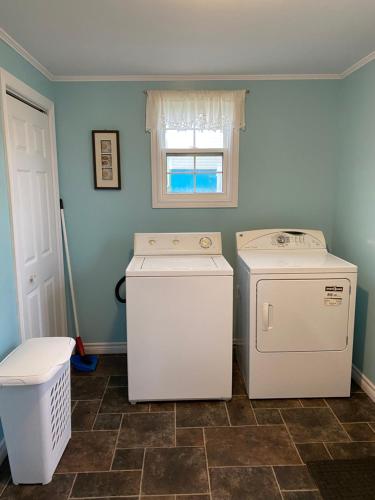 特威林盖特Storytellers Retreat的洗衣房配有洗衣机和烘干机以及窗户。