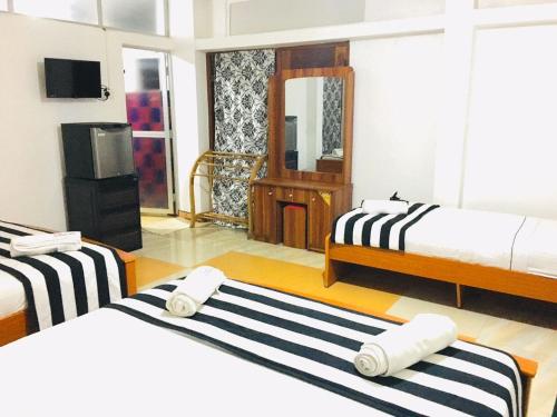 阿努拉德普勒Aura City Hostel的酒店客房设有两张床和电视。