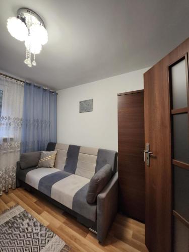 杜什尼基-兹德鲁伊Słoneczny apartament 2的带沙发和推拉门的客厅