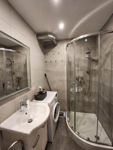 杜什尼基-兹德鲁伊Słoneczny apartament 2的带淋浴、盥洗盆和卫生间的浴室