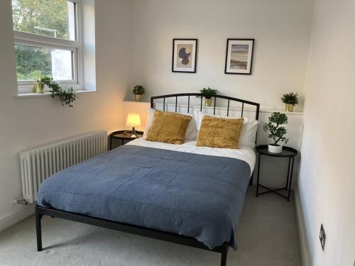 埃普瑟姆Magnificent Refurbished 1 Bed Flat few steps to High St ! - 4 East House的一间卧室配有一张带蓝色床单和黄色枕头的床。