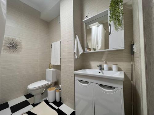 阿拉木图Просторные двухкомнатные апартаменты Терракота的浴室配有白色水槽和卫生间。