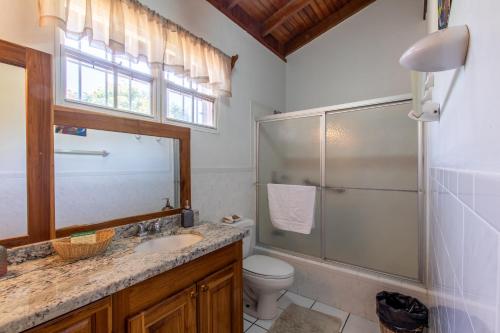 珀拉什奇亚Miramar Suites的带淋浴、盥洗盆和卫生间的浴室
