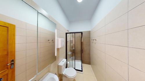 大加那利岛拉斯帕尔马斯Triana Rooms EH的一间带卫生间和玻璃淋浴间的浴室