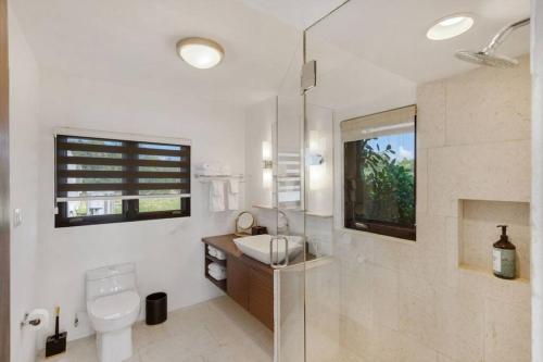瓦利Songbird 4 BR Anguilla Villa的一间带水槽和卫生间的浴室以及窗户。