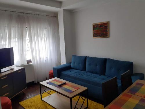 萨拉热窝Apartmani Zaara的客厅配有蓝色的沙发和桌子