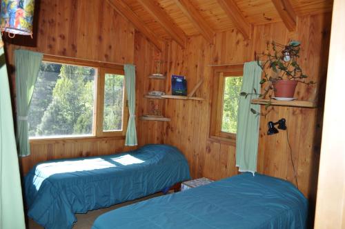 圣马丁德洛斯Melodia natural en San Martín de los Andes的小木屋内的两张床,设有窗户