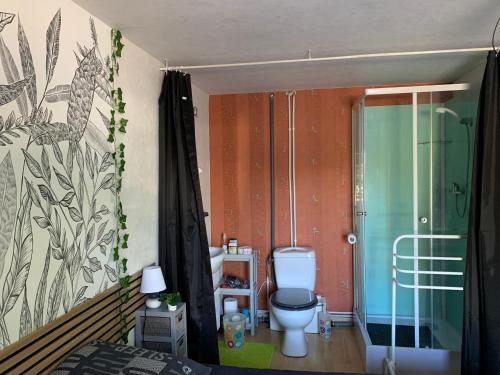 Rilhac-RanconUNE AGREABLE CHAMBRE INDEPENDANTE的一间带卫生间和玻璃淋浴间的浴室