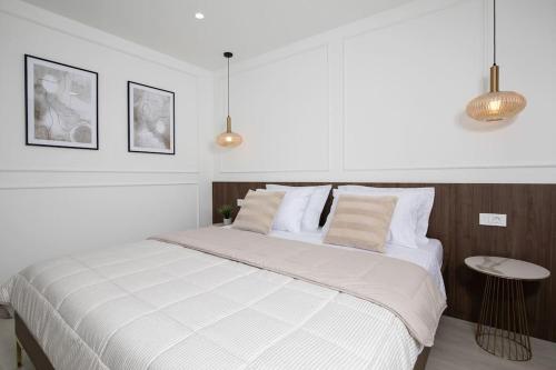 罗波里卡Villa Artis by IstriaLux的卧室配有一张带白色床单和枕头的大床。