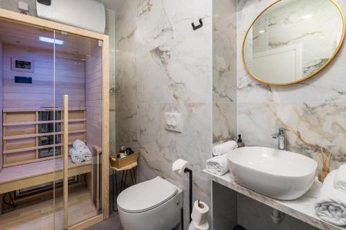 里耶卡Area1 Center Luxury Apartment with sauna的一间带水槽、卫生间和镜子的浴室