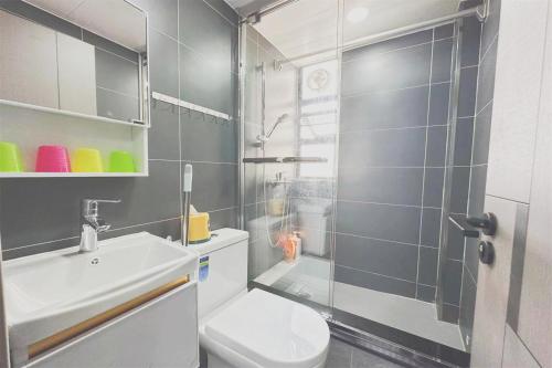 香港apt 4BR10pax, 2bar ,1mins mtr的带淋浴、卫生间和盥洗盆的浴室