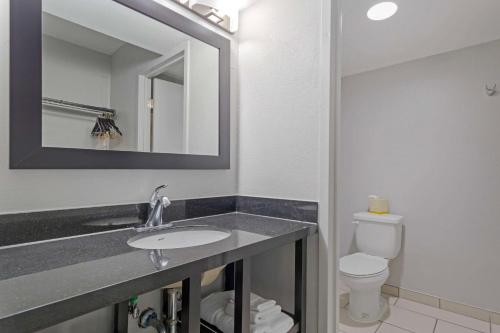 巴尔的摩Clarion Hotel & Suites BWI Airport North的一间带水槽、卫生间和镜子的浴室