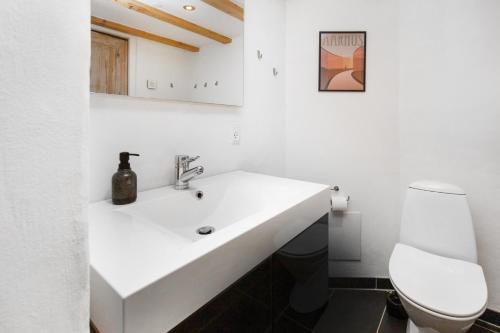 HøjbjergModerne & Fuldt udstyret lejlighed m.plads til 4的白色的浴室设有水槽和卫生间。