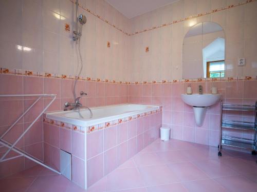 利贝雷茨Rodinná chalupa Ostašovka Liberec的粉红色的浴室设有浴缸和水槽