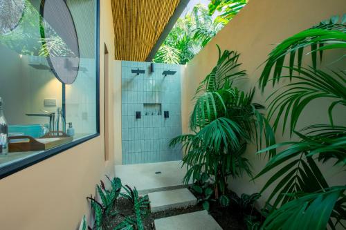 福尔图纳Nayara Gardens的带淋浴的浴室和一些植物