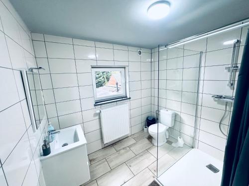 蒙斯Chambre et SDD privées dans une maison partagée avec des résidents的带淋浴、卫生间和盥洗盆的浴室