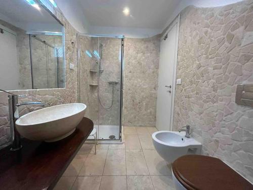 阿斯科利皮切诺L’Attico Sul Fiume center home的一间带水槽和玻璃淋浴的浴室