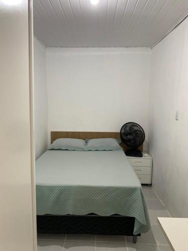 贝伦Casa simples的一间卧室配有一张带绿毯的床