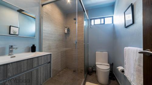 墨西哥城Wisconsin 68 PH1 · Brand New PH with Private Rooftop @ WTC的带淋浴、卫生间和盥洗盆的浴室